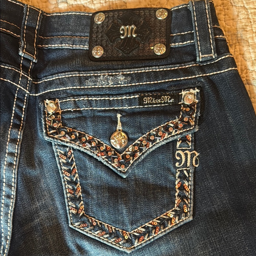Miss Me Blue Boot Cut Jeans with Ornate Rhinestone Design